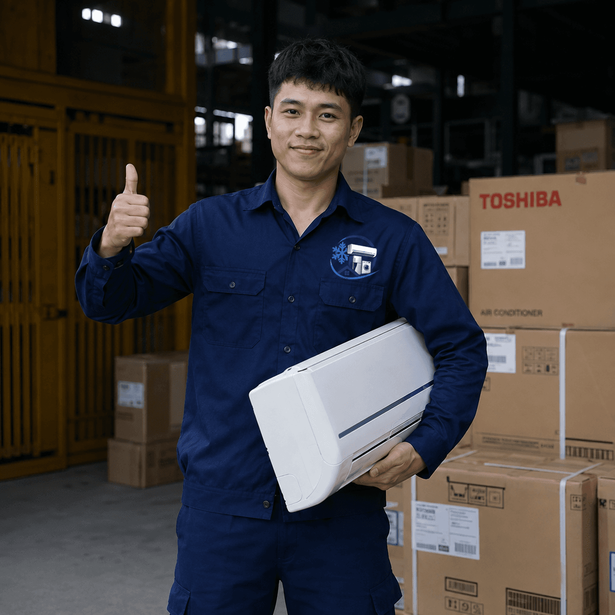 Kỹ thuật viên Điện Lạnh Hoàng Anh vác dàn lạnh tại kho